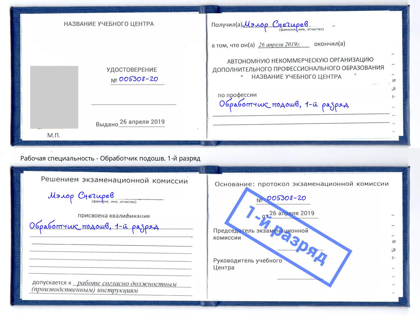корочка 1-й разряд Обработчик подошв Геленджик