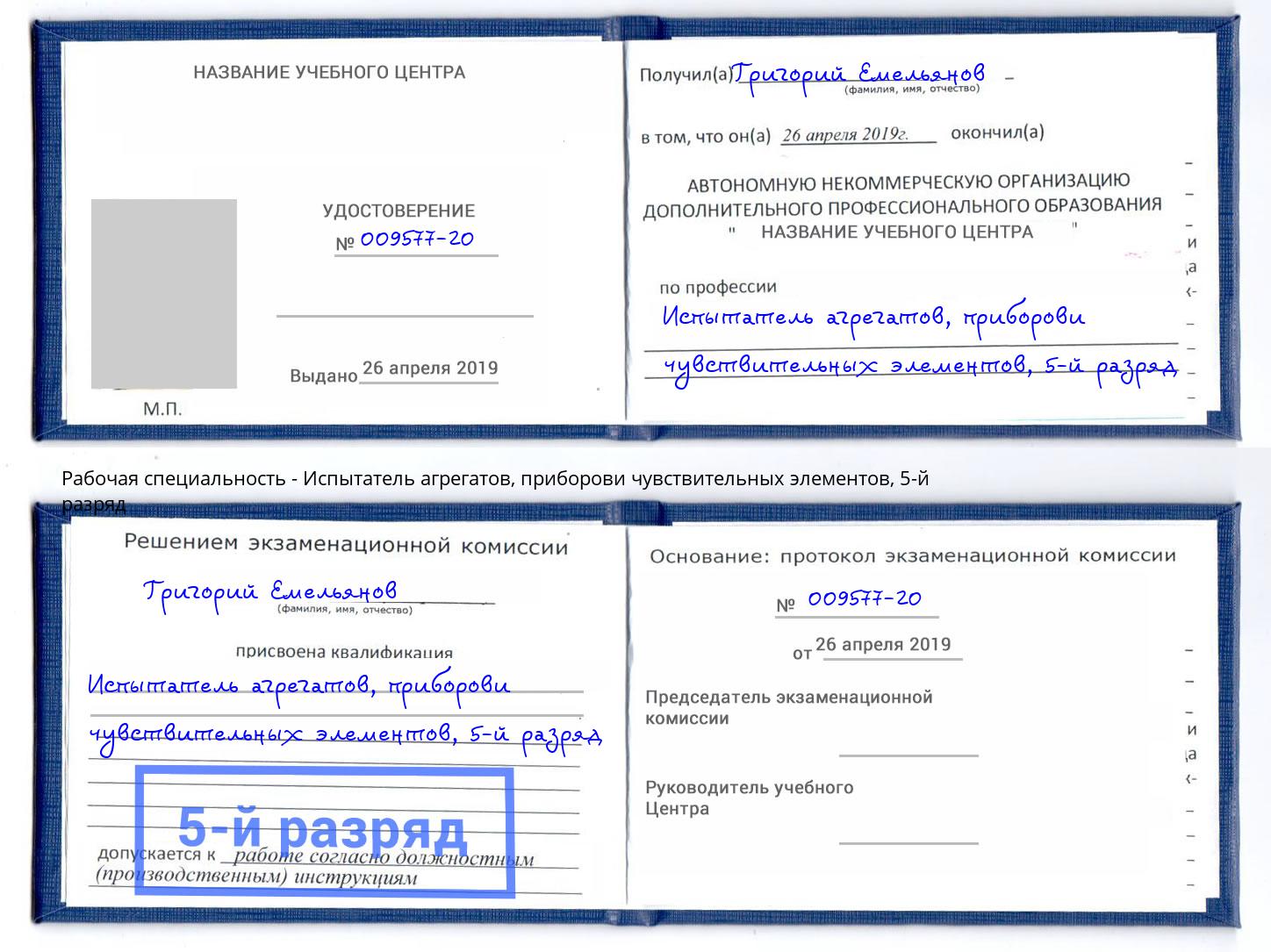 корочка 5-й разряд Испытатель агрегатов, приборови чувствительных элементов Геленджик