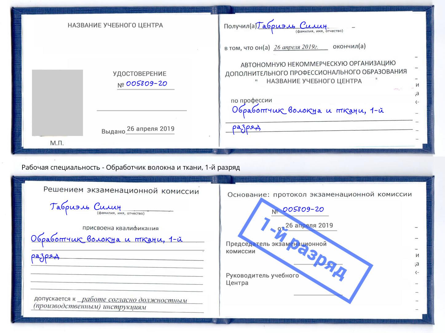 корочка 1-й разряд Обработчик волокна и ткани Геленджик