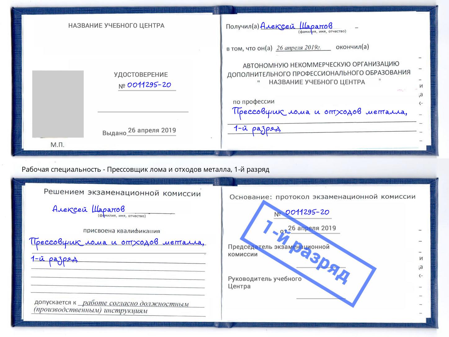 корочка 1-й разряд Прессовщик лома и отходов металла Геленджик