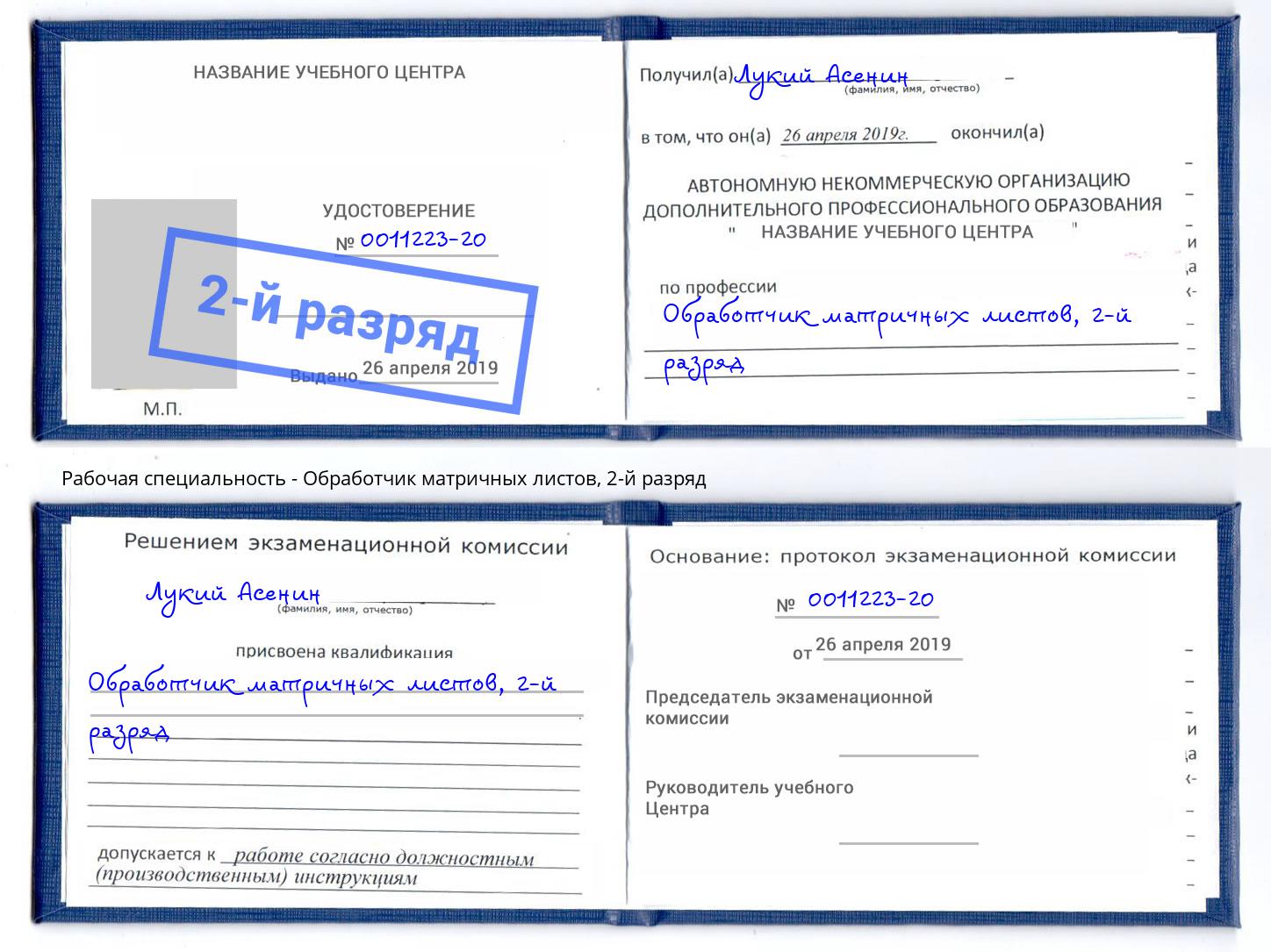 корочка 2-й разряд Обработчик матричных листов Геленджик