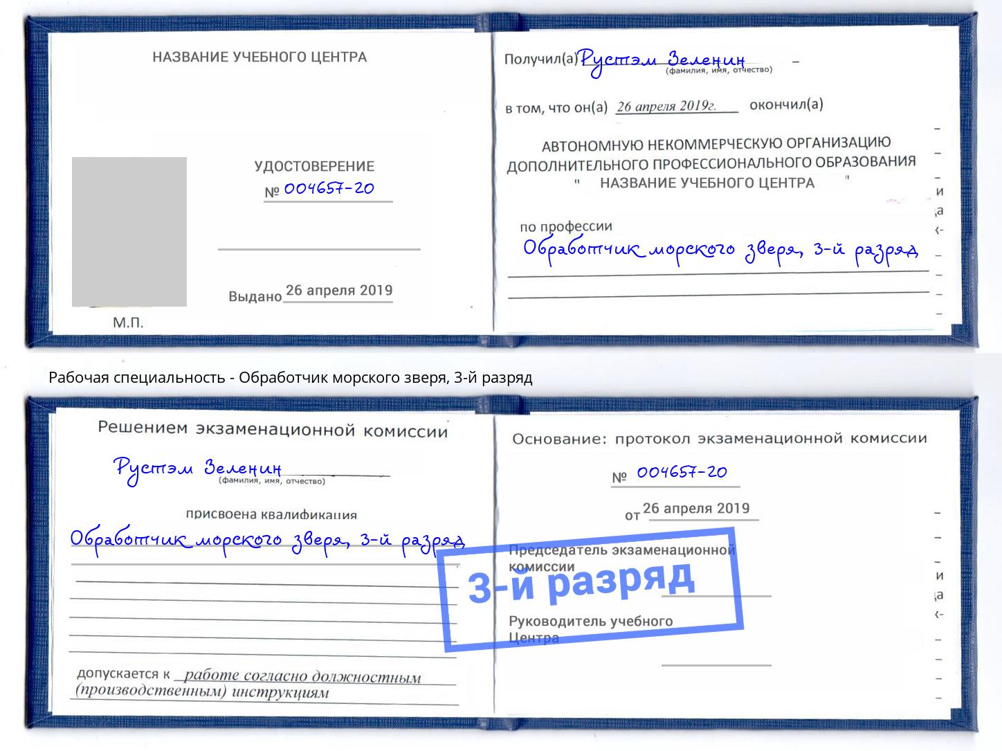 корочка 3-й разряд Обработчик морского зверя Геленджик
