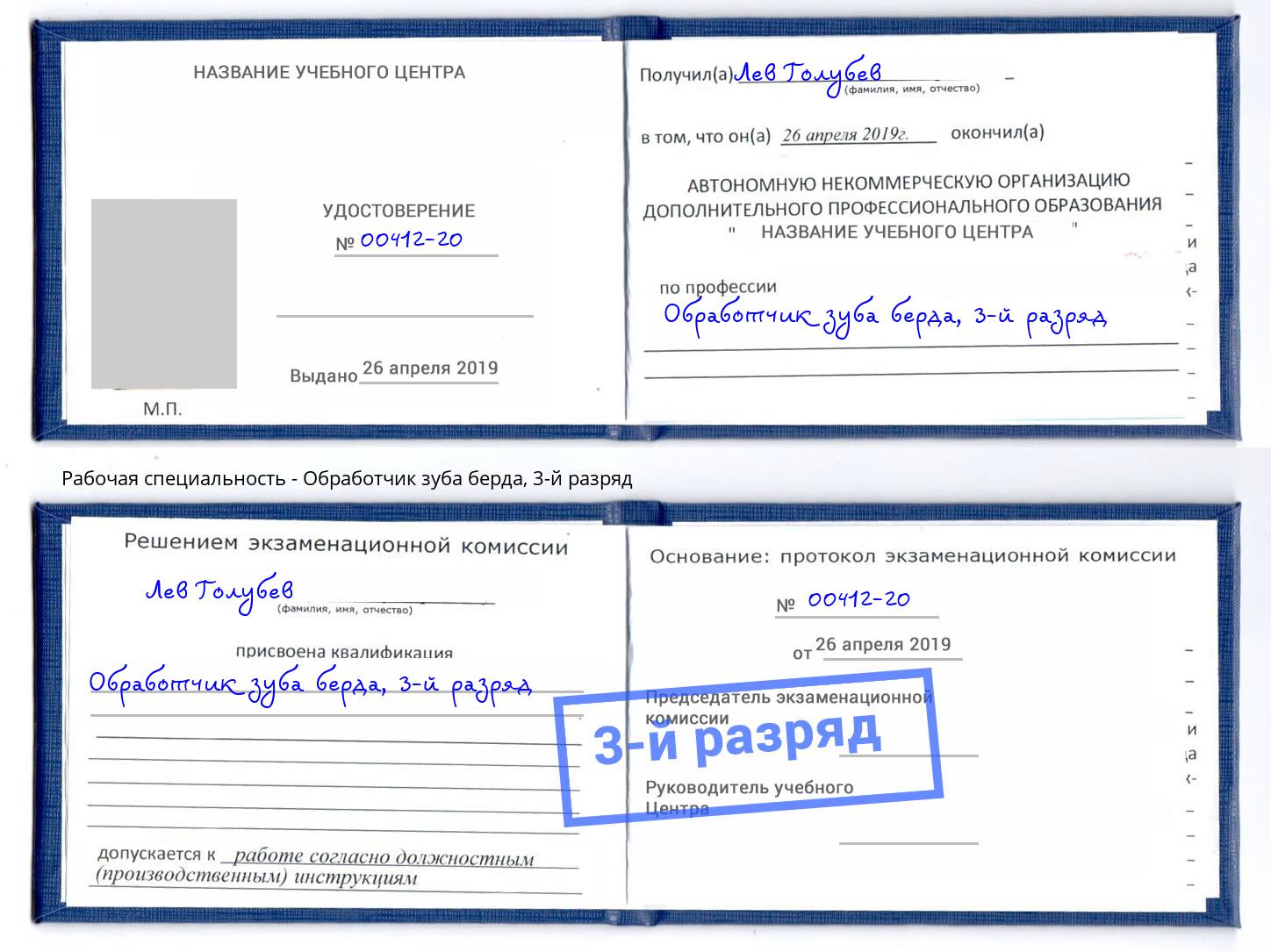 корочка 3-й разряд Обработчик зуба берда Геленджик